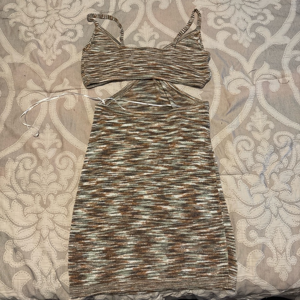Streetwear Society Asymmetrical Knit Dress in Multi Brown and Cream